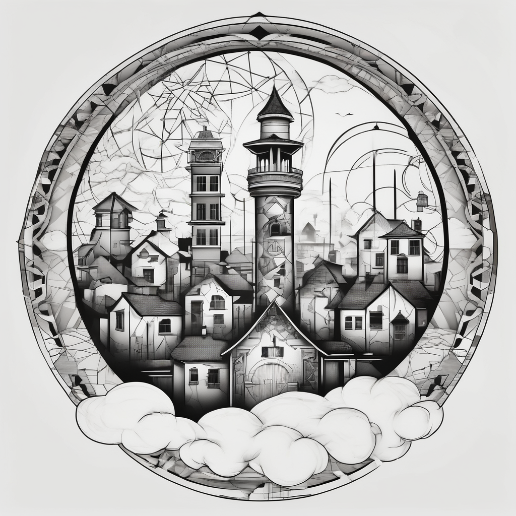 heaven summer town with tower houses gate entrance in circle transparent clouds vignette tattoo ink snake-tattoo-ideas-for-guys, AI-generated Geometric tattoo design
