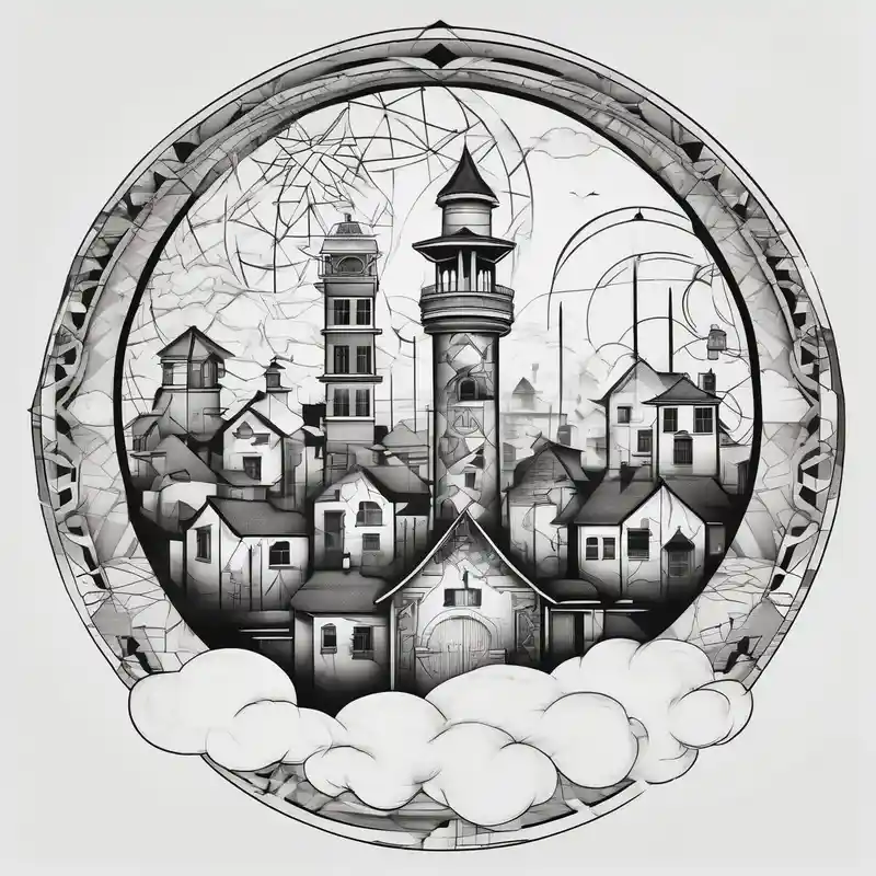 heaven summer town with tower houses gate entrance in circle transparent clouds vignette tattoo ink – Geometric, Vibrant color