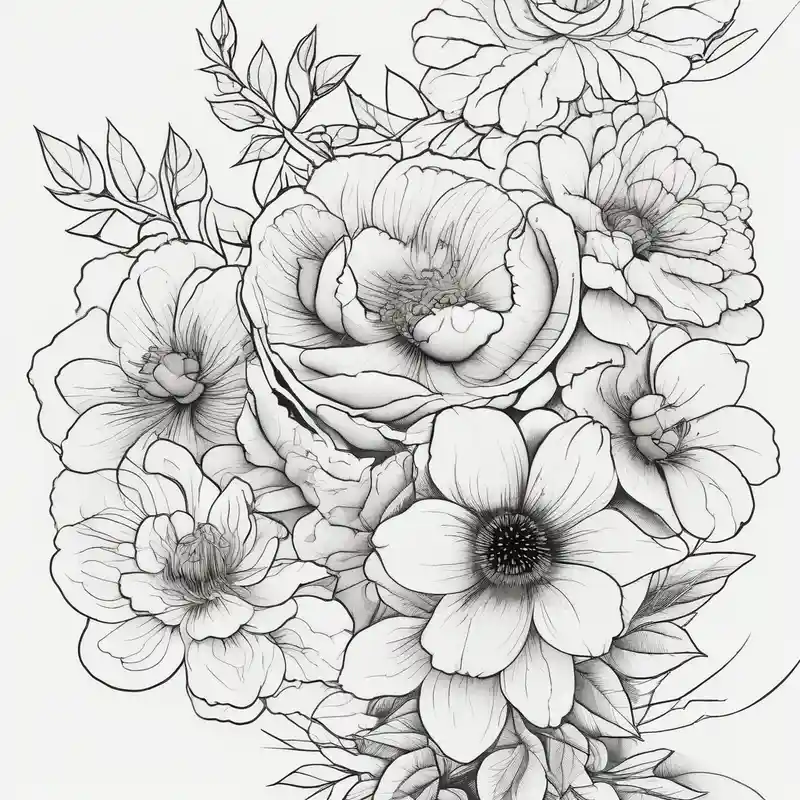 fine line flowers surrrounded by greenary with powerful words some where in the tattoo more minimalist – Japanese, Black and white