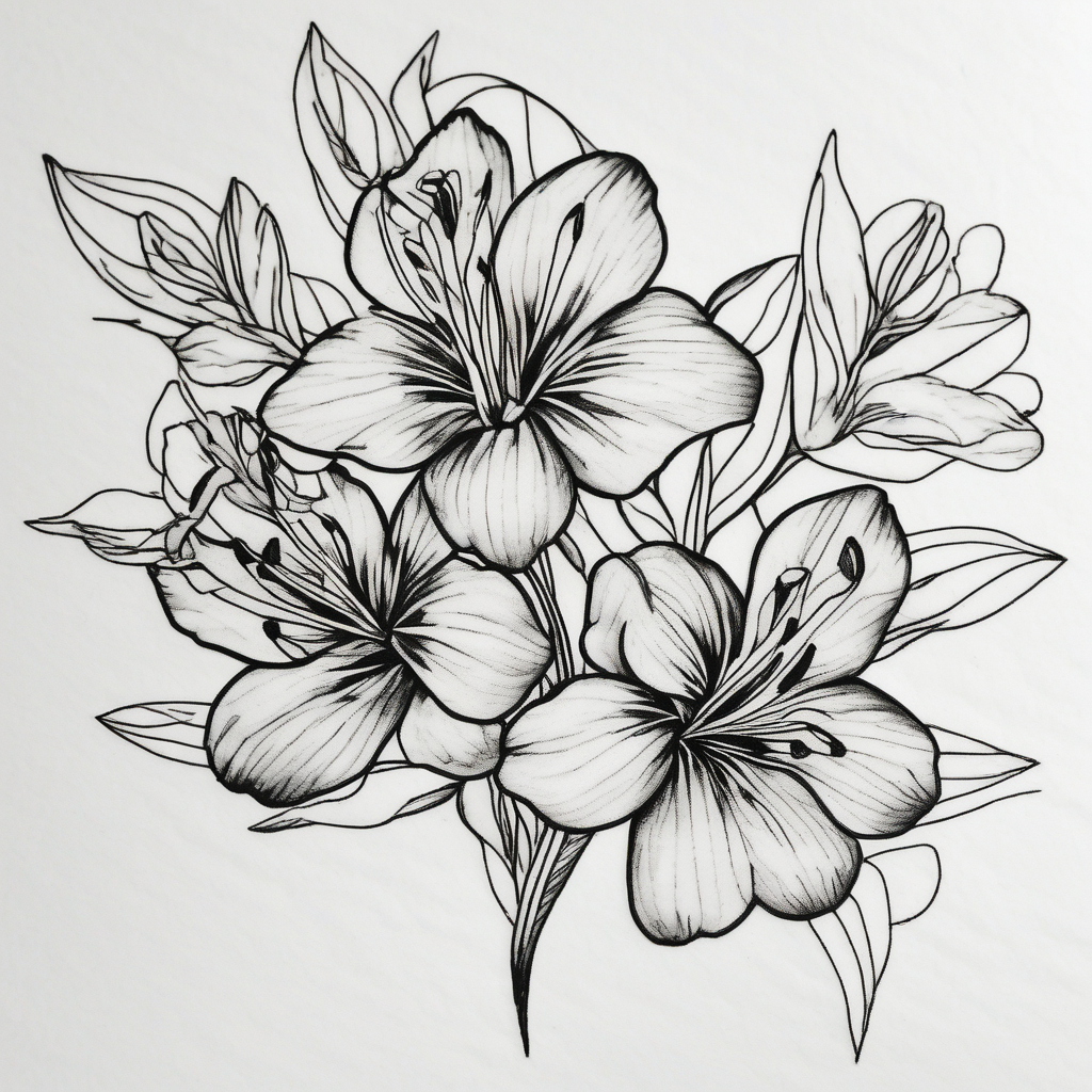 alstroemeria flowers surrrounded by greenary with powerful words some where in the tattoo more minimalist snake-tattoo-ideas-for-guys, AI-generated Blackwork tattoo design