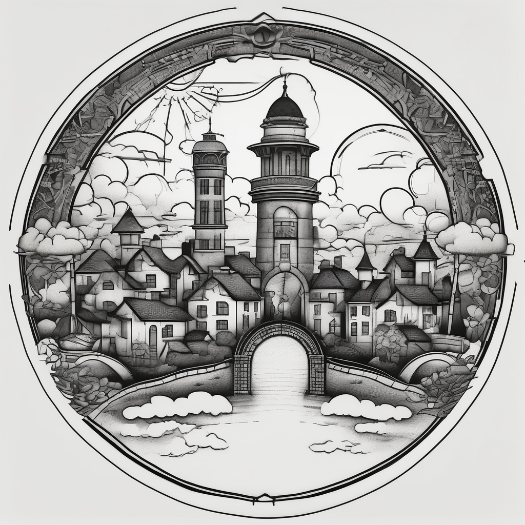 heaven summer town with tower houses gate entrance in circle transparent clouds vignette tattoo ink snake-tattoo-ideas-for-guys, AI-generated Blackwork tattoo design