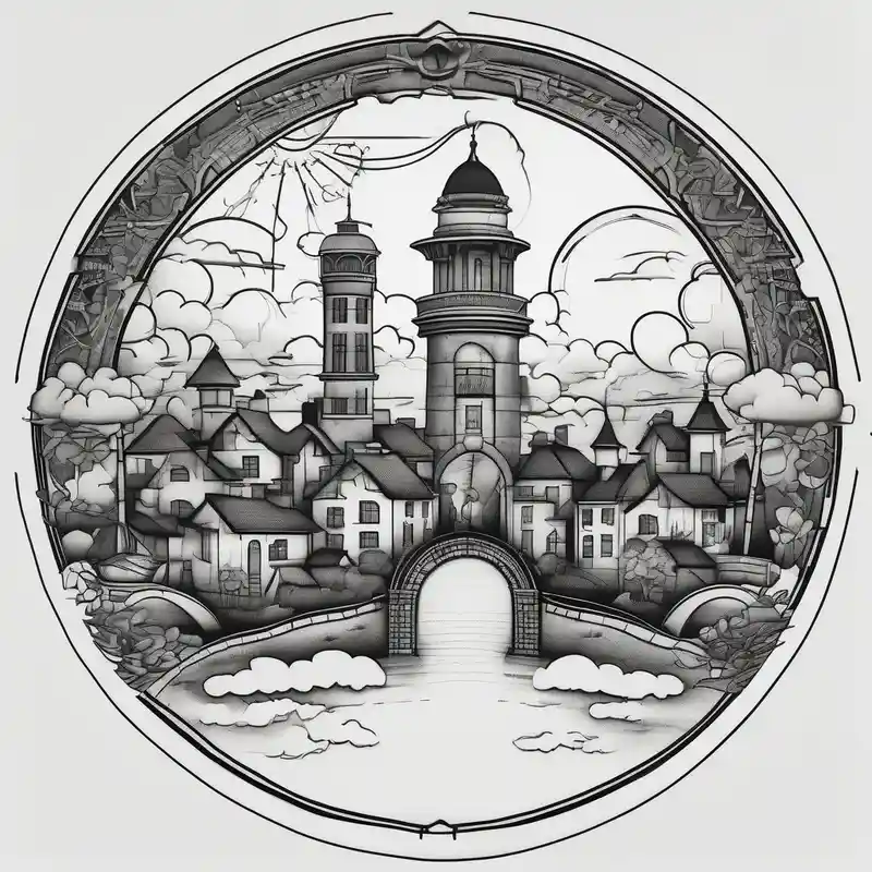heaven summer town with tower houses gate entrance in circle transparent clouds vignette tattoo ink – Blackwork, Black and white