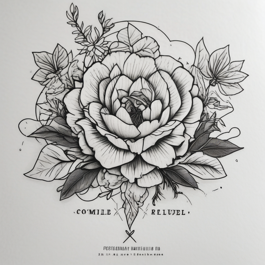 fine line flowers surrrounded by greenary with powerful words some where in the tattoo more minimalist snake-tattoo-ideas-for-guys, AI-generated Blackwork tattoo design