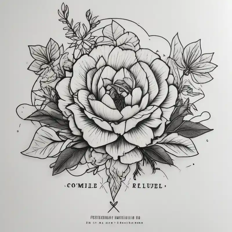 fine line flowers surrrounded by greenary with powerful words some where in the tattoo more minimalist – Blackwork, Black and white
