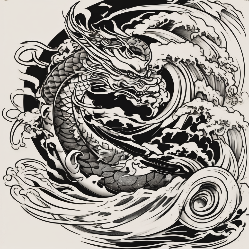 matching 2 separate tattoos . Water related. snake-tattoo-ideas-for-guys, diseño de tatuaje Japonés generado con IA
