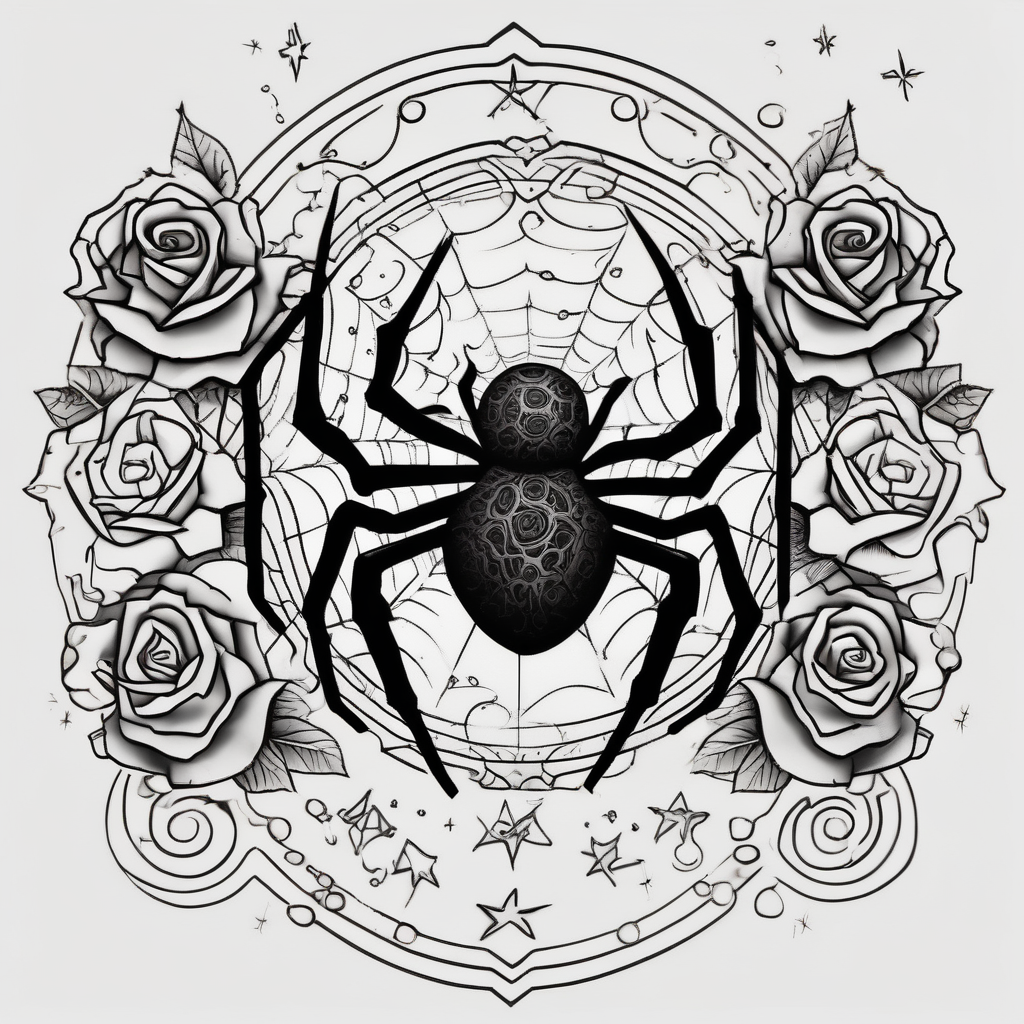 Spider bubbles roses stars, AI-generated Blackwork tattoo design