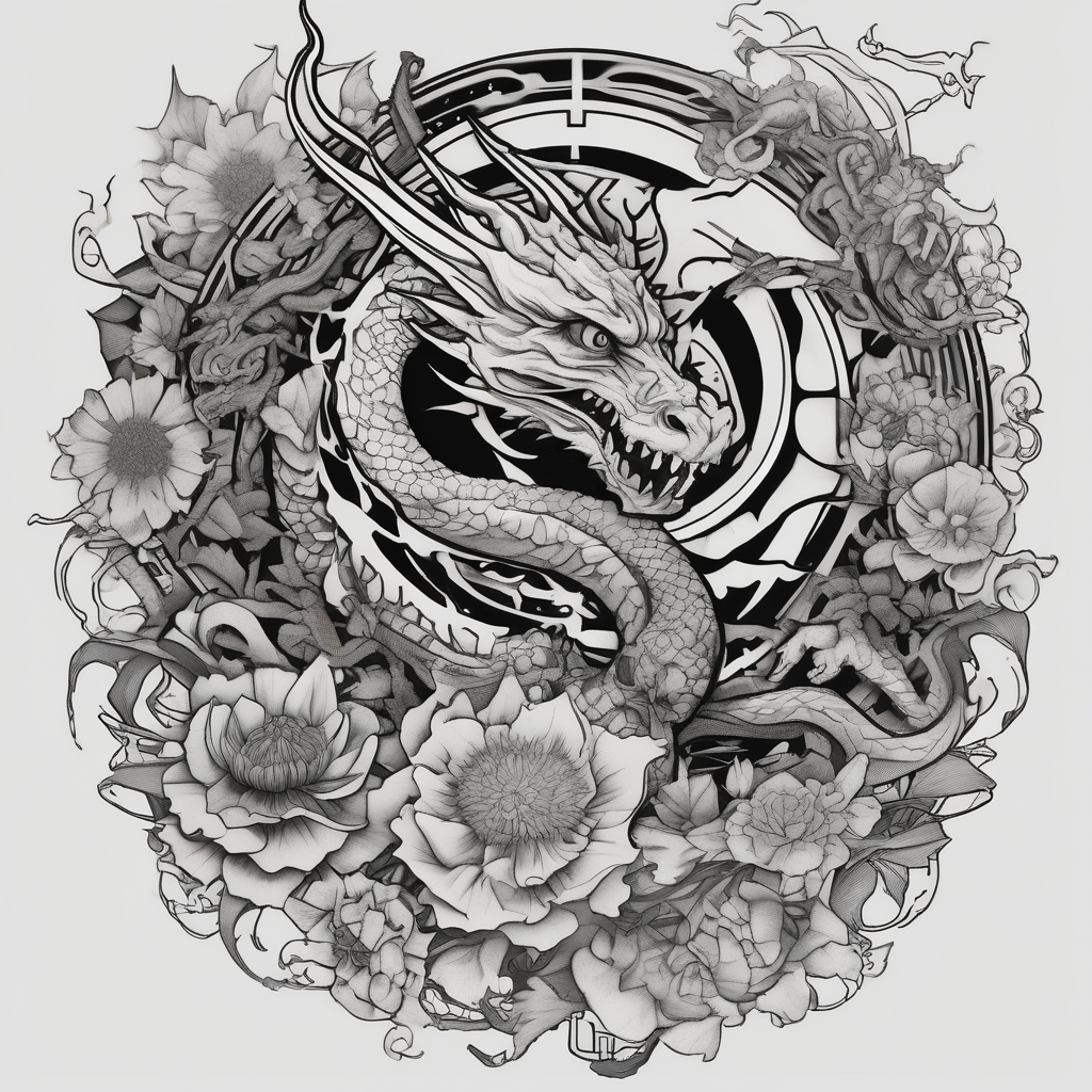 Make an image that MIXES elements from star wars, game of thrones, the lord of the rings, demon slayer, pokemon, harry potter, WITH FLOWERS, DRAGONS stars, design de tatouage Japonais généré par IA