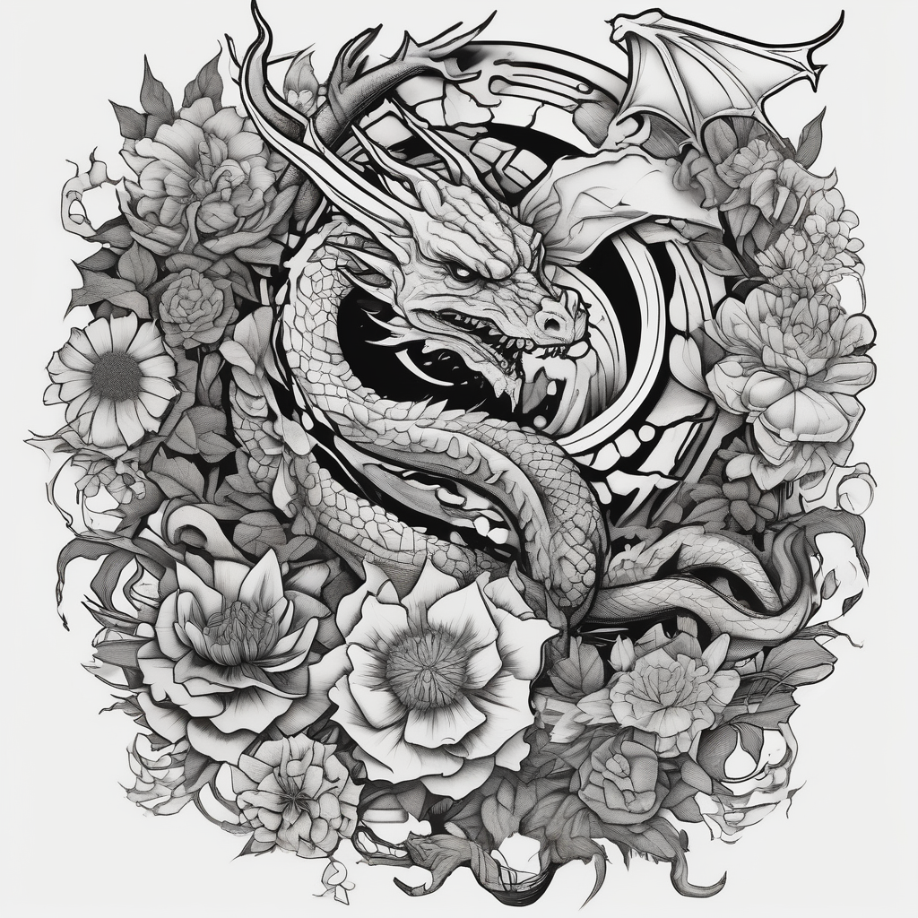 Make an image that MIXES elements from star wars, game of thrones, the lord of the rings, demon slayer, pokemon, harry potter, WITH FLOWERS, DRAGONS stars, design de tatouage Blackwork généré par IA