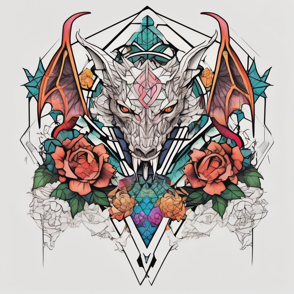 Make an image that MIXES elements from star wars, game of thrones, the lord of the rings, demon slayer, pokemon, harry potter, WITH FLOWERS, DRAGONS stars, design de tatouage Géométrique généré par IA