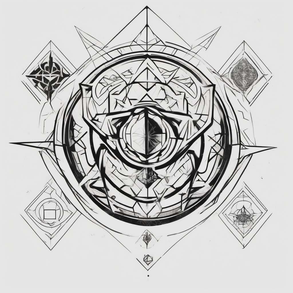 Make an image that contains elements from Star Wars, Game of Thrones, The Lord of the Rings, Demon Slayer, Pokemon, Harry Potter stars, design de tatouage Géométrique généré par IA