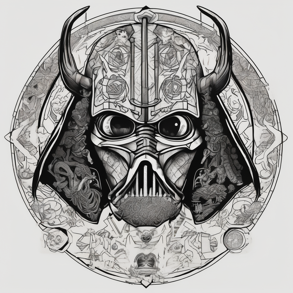 Make an image that contains elements from Star Wars, Game of Thrones, The Lord of the Rings, Demon Slayer, Pokemon, Harry Potter stars, design de tatouage Blackwork généré par IA