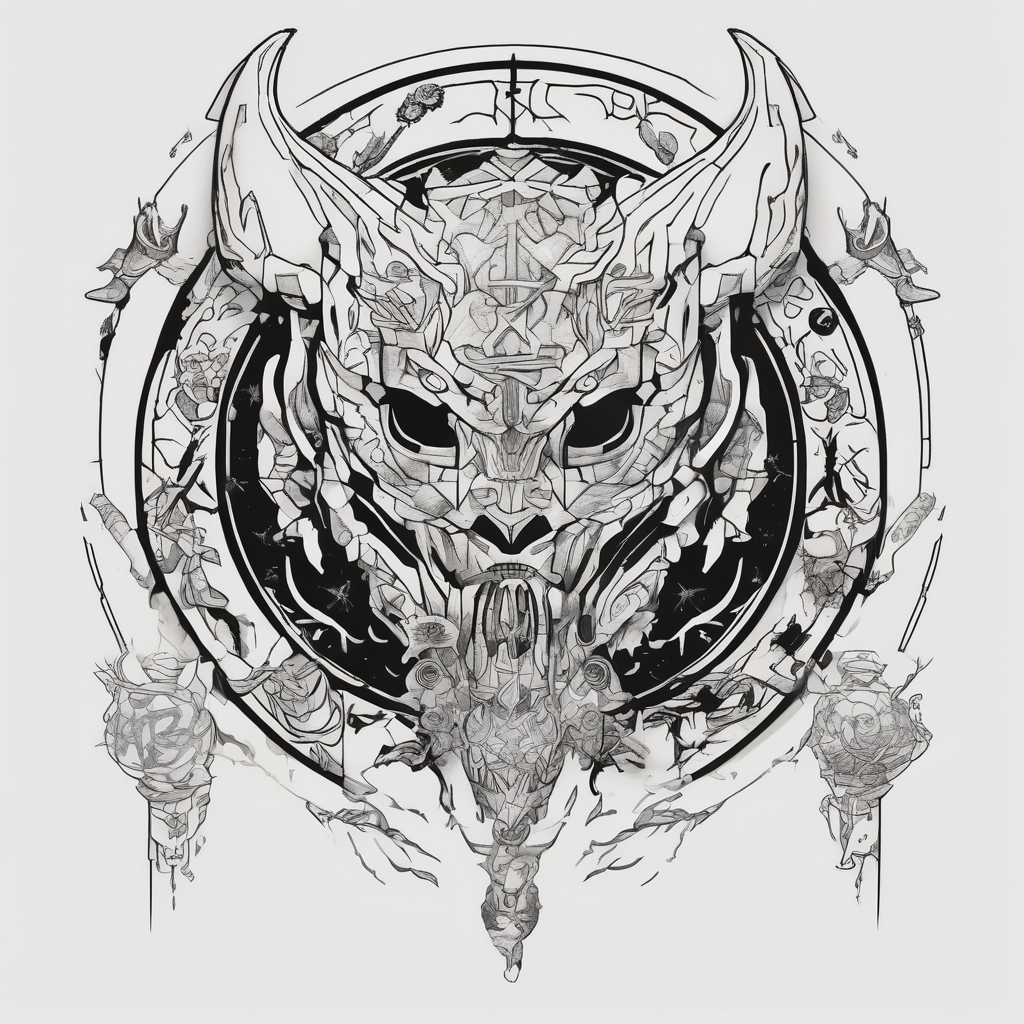 Make an image that contains elements from Star Wars, Game of Thrones, The Lord of the Rings, Demon Slayer, Pokemon, Harry Potter stars, design de tatouage Japonais généré par IA