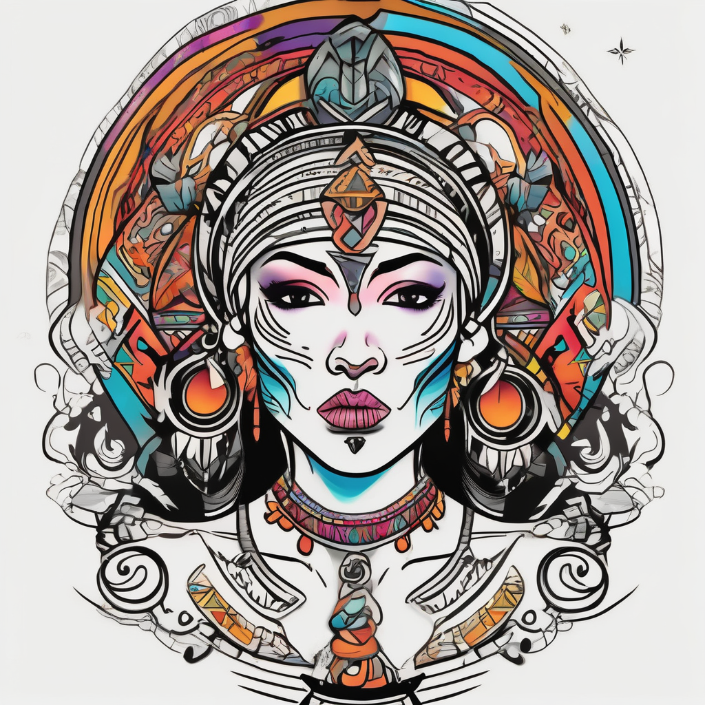 Shamanic women blowing healing dust, facing forward to spectator sternum-for-women, design de tatouage Cartoon généré par IA