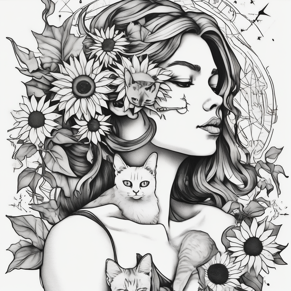 sunflower women, little cat and sirius star sternum-for-women, AI-generated Sketch tattoo design