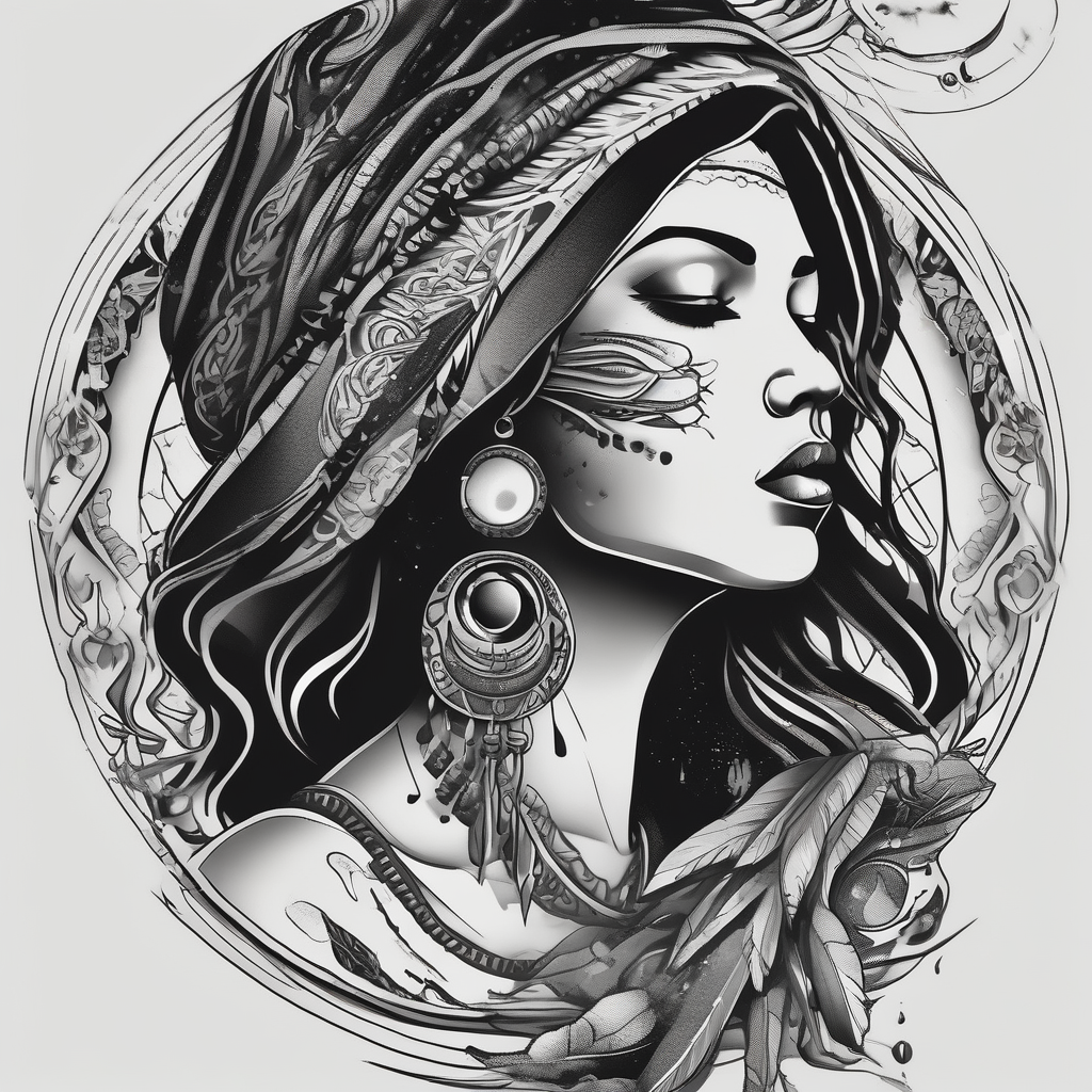 Shamanic women blowing healing dust sternum-for-women(AIが生成した白黒スタイルのタトゥーデザイン)