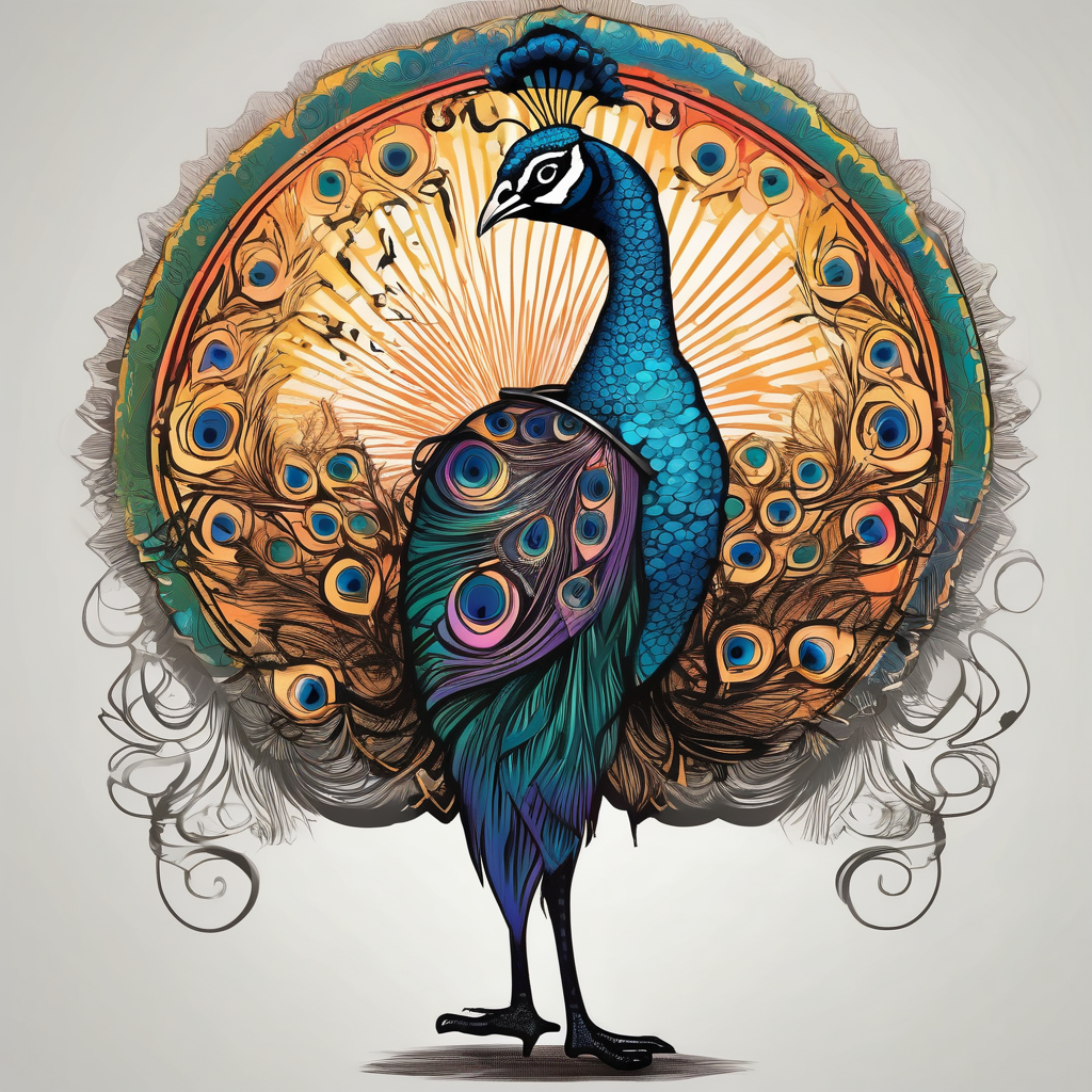 Colorful peacock that is longer than it is wide over a sublime style sun standing in a stick with a horseshoe over the top of the peacock to each side of the stick stick-and-poke, diseño de tatuaje Blanco y negro generado con IA