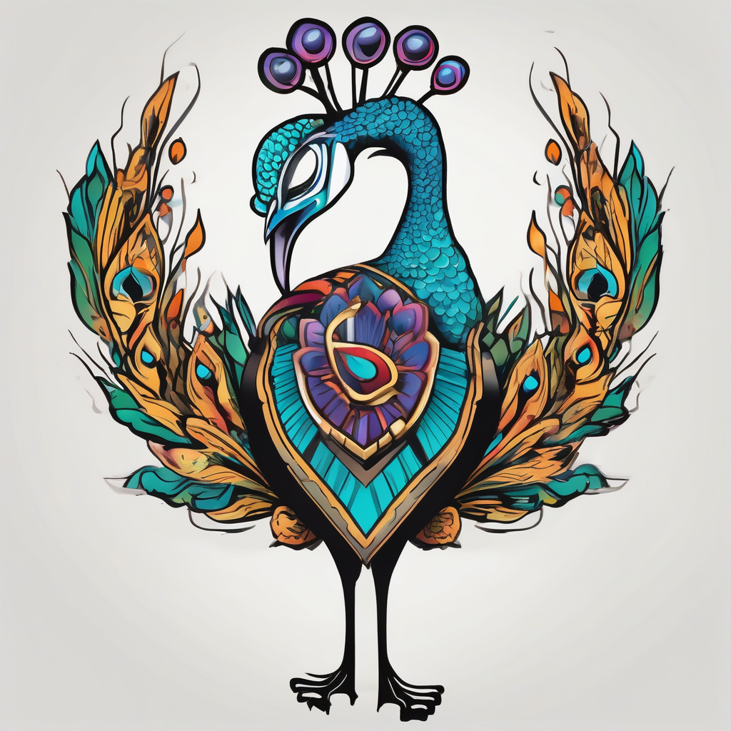 Colorful peacock over a sublime style sun standing in a stick with a horseshoe over the top of the peacock to each side of the stick stick-and-poke, diseño de tatuaje Cartoon generado con IA