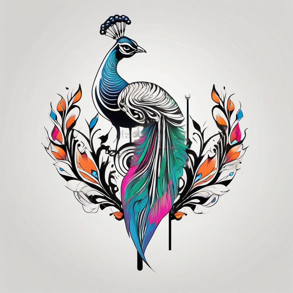 Colorful peacock over a sublime style sun standing in a stick with a horseshoe over the top of the peacock to each side of the stick stick-and-poke, diseño de tatuaje Minimalista generado con IA