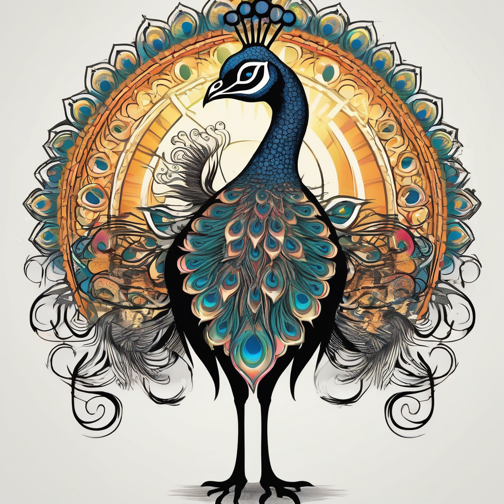 Colorful peacock that is longer than it is wide over a sublime style sun standing in a stick with a horseshoe over the top of the peacock to each side of the stick stick-and-poke, diseño de tatuaje Old school generado con IA