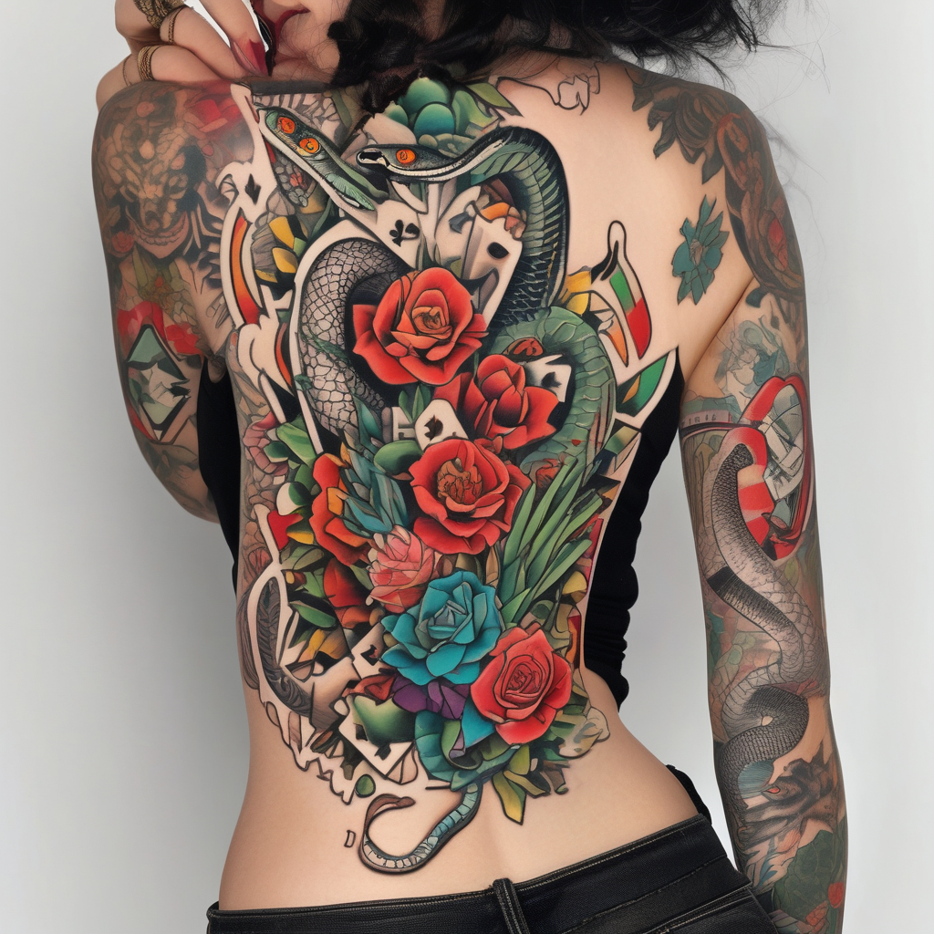 womens western sticker tattoo sleeve with playing cards, snakes, and cactuses with flowers in the background stickers, design de tatouage Old school généré par IA