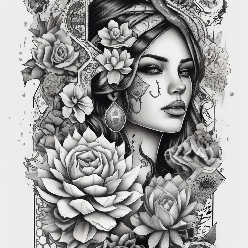 womens western sticker tattoo sleeve with playing cards, snakes, and cactuses with flowers in the background stickers, design de tatouage Dotwork généré par IA