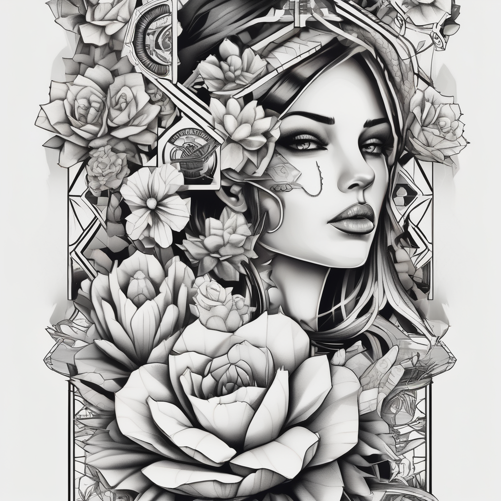 womens western sticker tattoo arm sleeve with playing cards, snakes, and cactuses with flowers in the background stickers, diseño de tatuaje Geométrico generado con IA