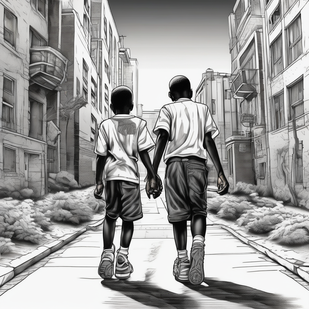 the bond between three black school age brothers walking away down a street showing full bodies, design de tatouage Blackwork généré par IA