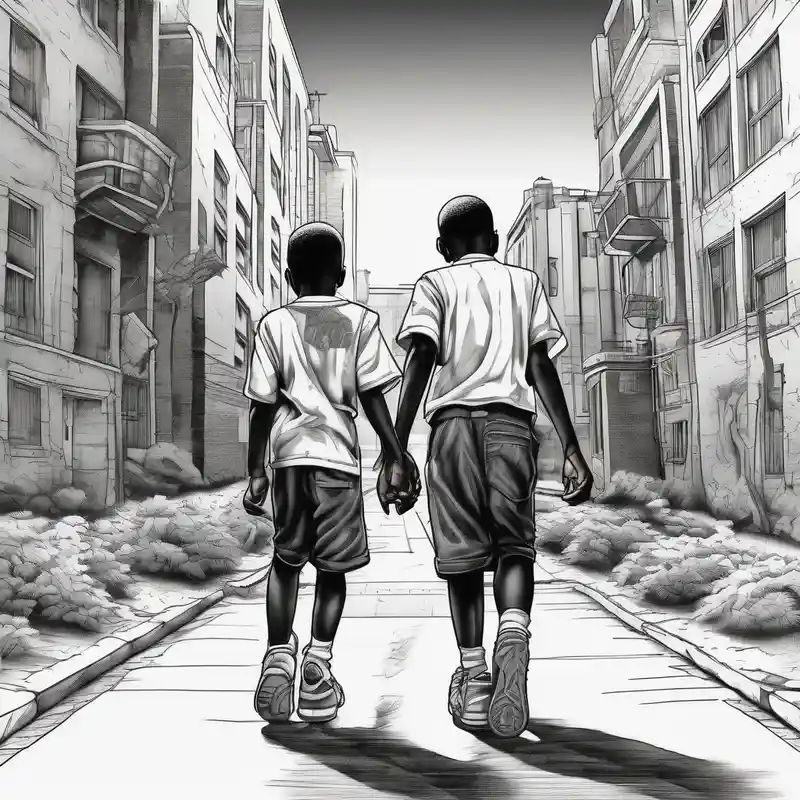 blackwork style Street Life Tattoo Ideas in 2025 & free generation about the bond between three black school age brothers walking away down a street showing full bodies and the bond between three black school age brothers walking away down a street showing full bodies
