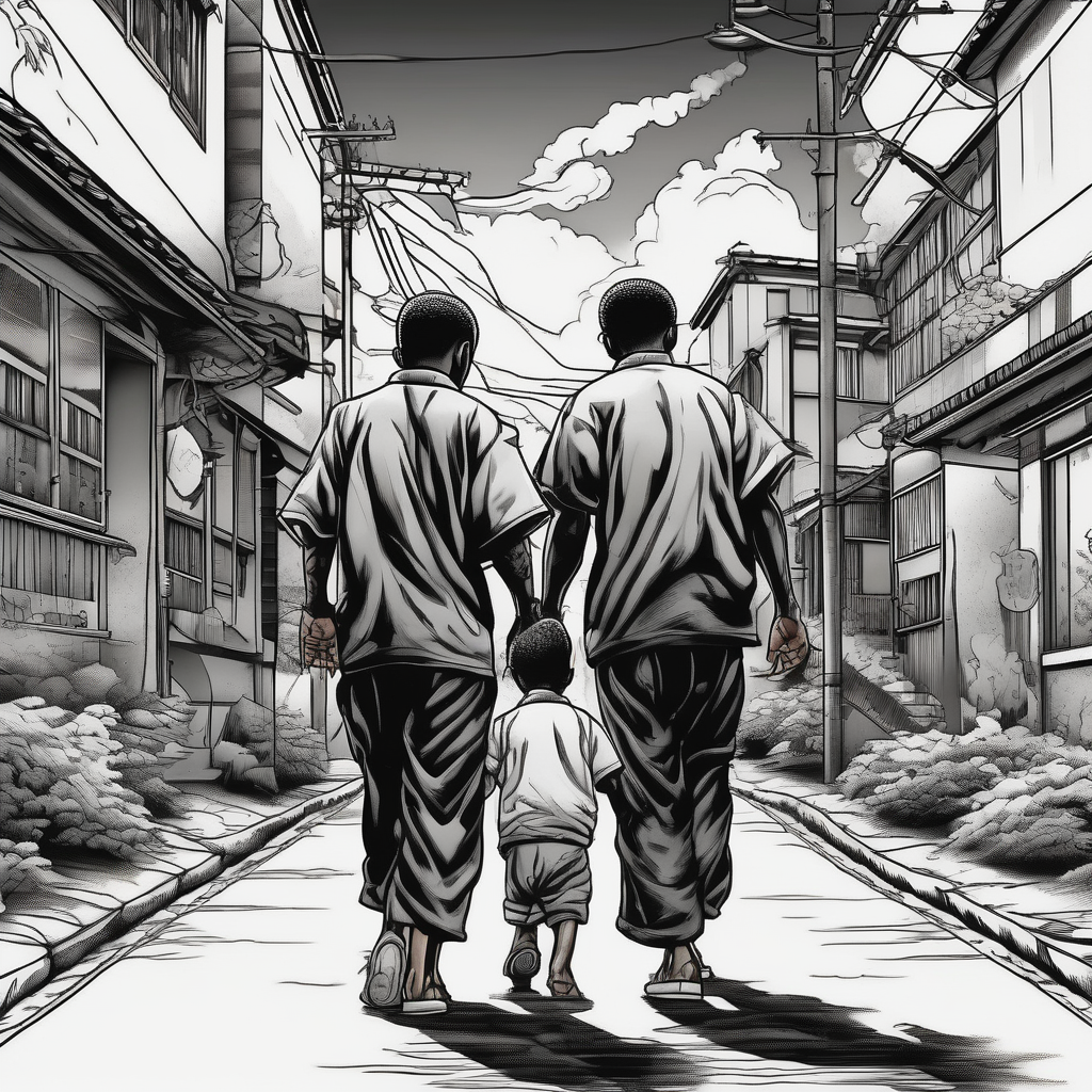 the bond between three black school age brothers walking away down a street showing full bodies, AI-generated Japanese tattoo design