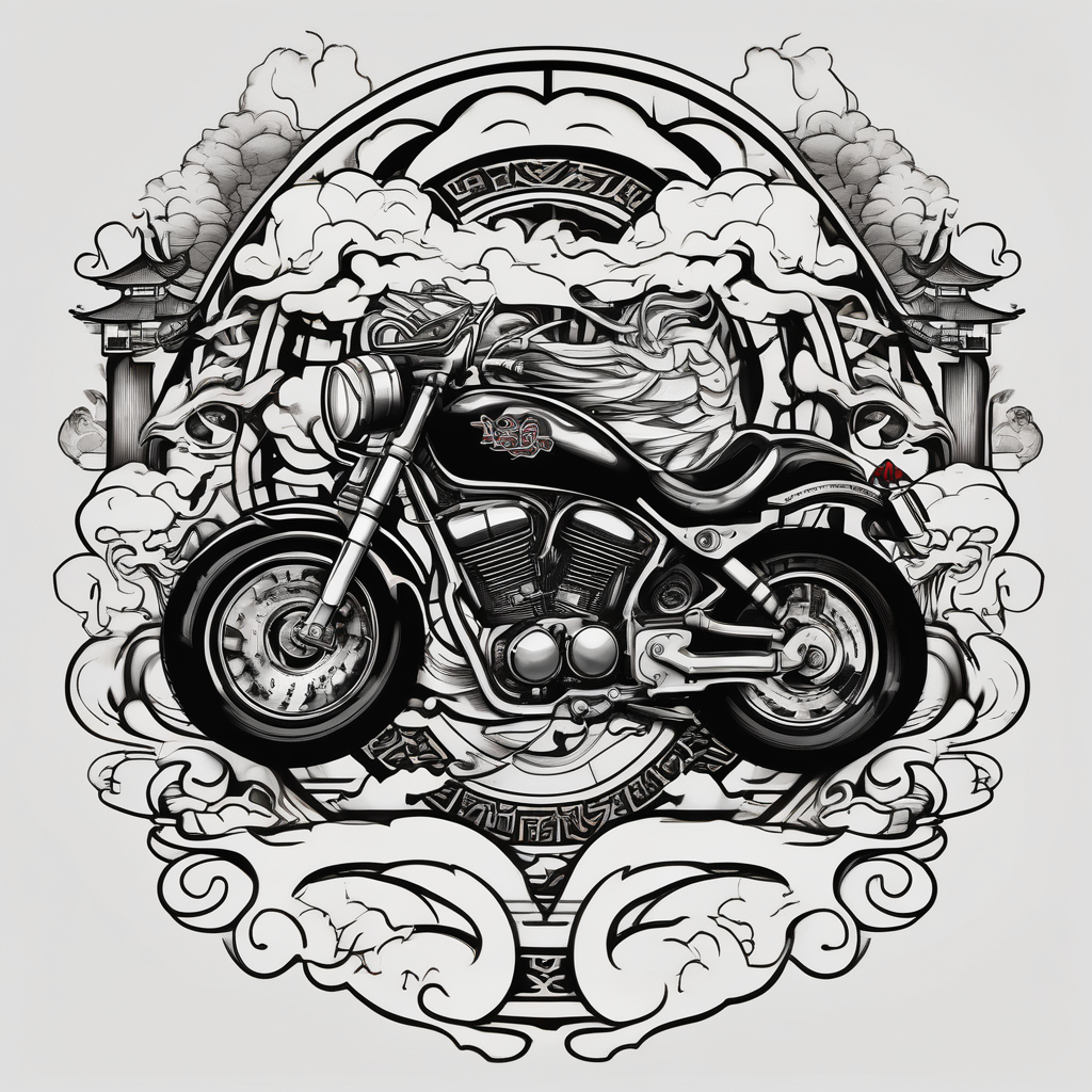 MEMORY OF DAD MOTORCYCLES SONG GIVE HEAVEN SOME HELL GOLD STREETS ON TWO WHEELS MANSION IN THE SKY, AI-generated Japanese tattoo design