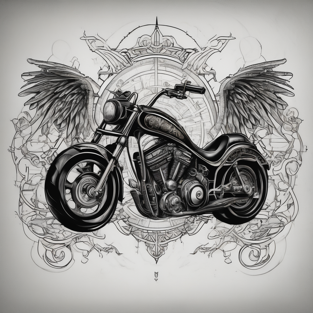 MEMORY OF DAD MOTORCYCLES SONG GIVE HEAVEN SOME HELL GOLD STREETS ON TWO WHEELS MANSION IN THE SKY, diseño de tatuaje Blackwork generado con IA