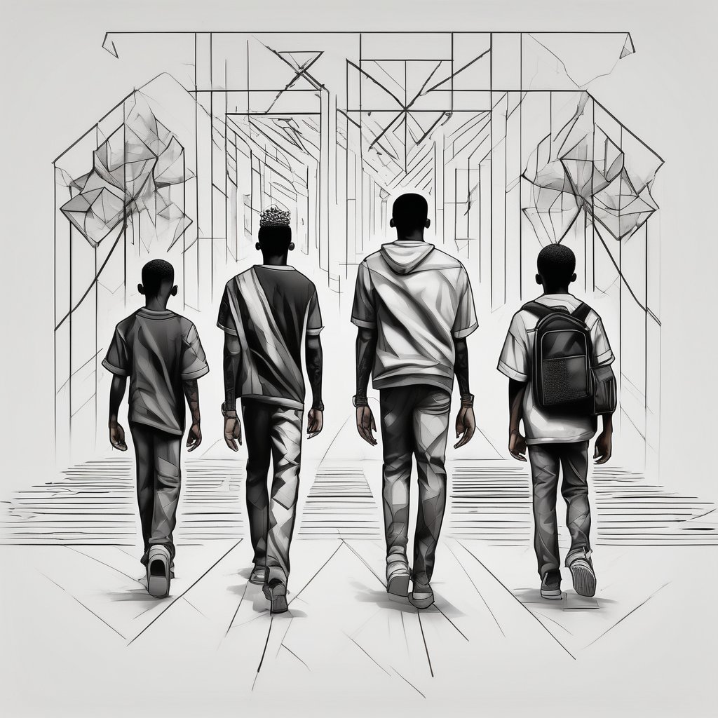 the bond between three black school age brothers walking away down a street showing full bodies, AI-generated Geometric tattoo design