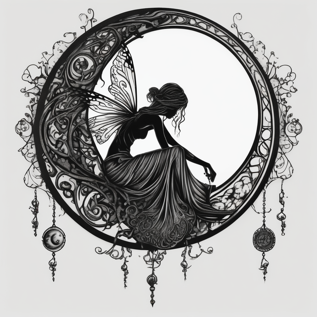 Silhouette of a Fairy sitting on moon with dangles. sun-and-moon, diseño de tatuaje Realista generado con IA