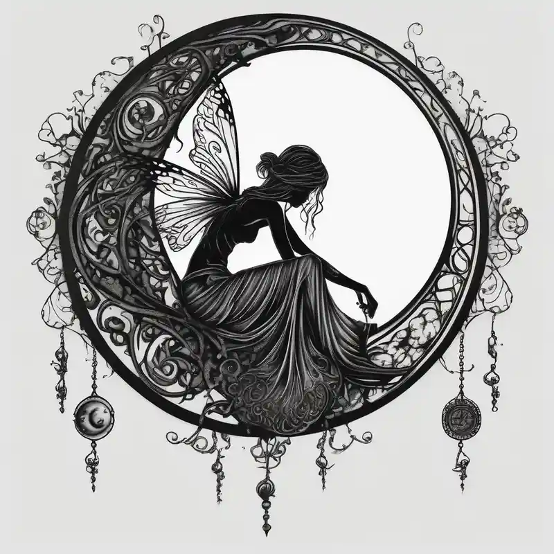 Silhouette of a Fairy sitting on moon with dangles. – Realista, Colores vivos