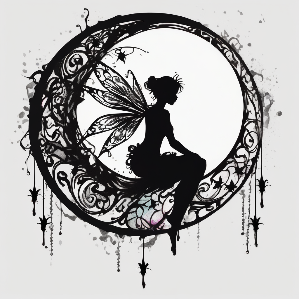 Silhouette of a Fairy sitting on moon with dangles. sun-and-moon, diseño de tatuaje Acuarela generado con IA