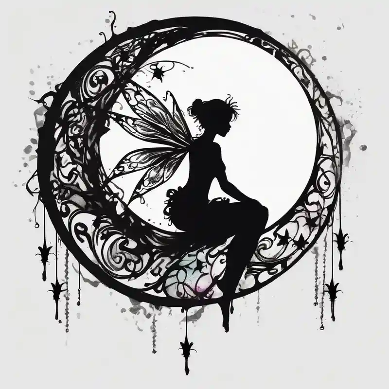 Silhouette of a Fairy sitting on moon with dangles.