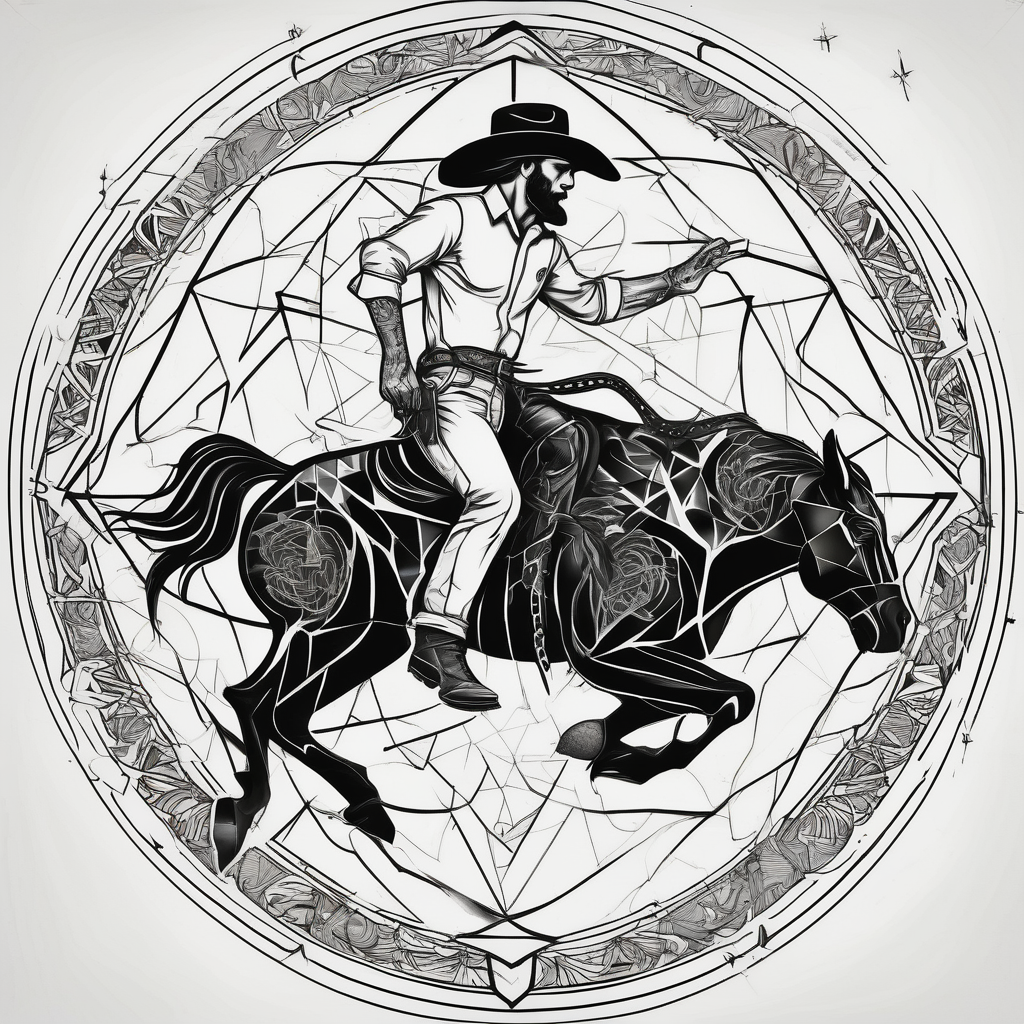 Cover up tribal sun located on right shoulder blade with a cowboy riding a bucking horse pictured inside a bull skull. Add lyrics “the devil can scrap, but the lord has won”, AI-generated Geometric tattoo design