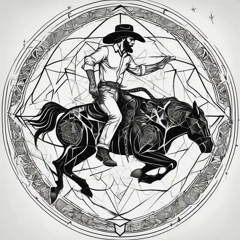 Cover up tribal sun located on right shoulder blade with a cowboy riding a bucking horse pictured inside a bull skull. Add – Geometric, Black and white