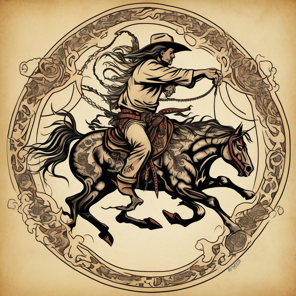 Cover up tribal sun located on right shoulder blade with a cowboy riding a bucking horse pictured inside a bull skull. Add lyrics “the devil can scrap, but the lord has won”, AI-generated Japanese tattoo design