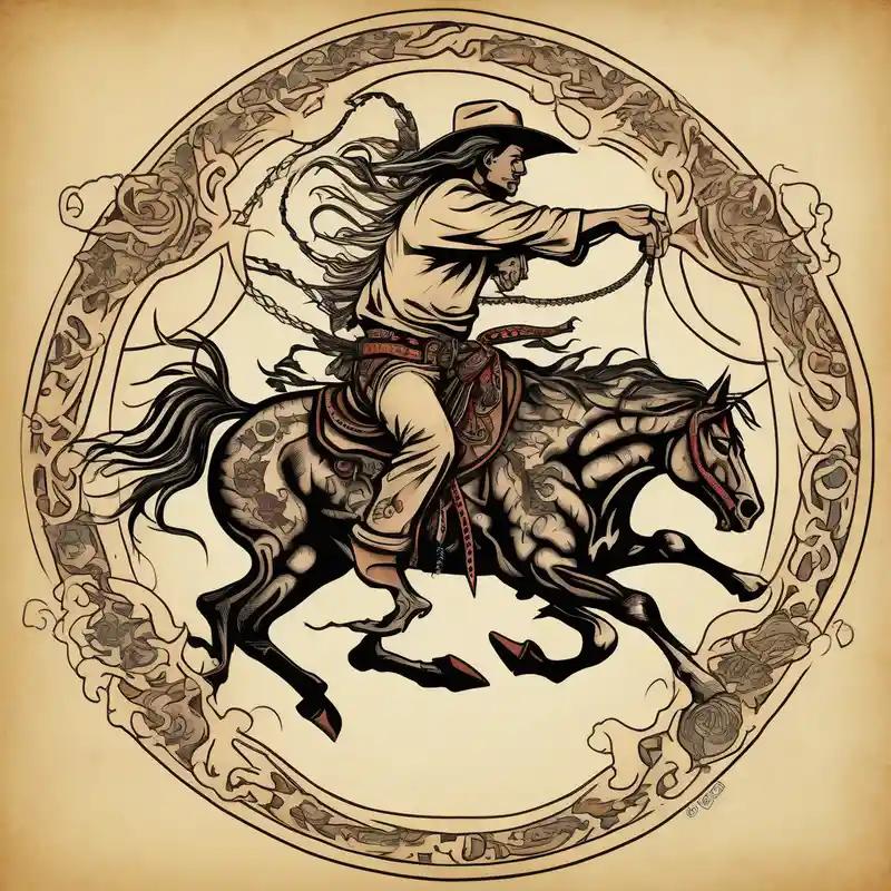 Cover up tribal sun located on right shoulder blade with a cowboy riding a bucking horse pictured inside a bull skull. Add