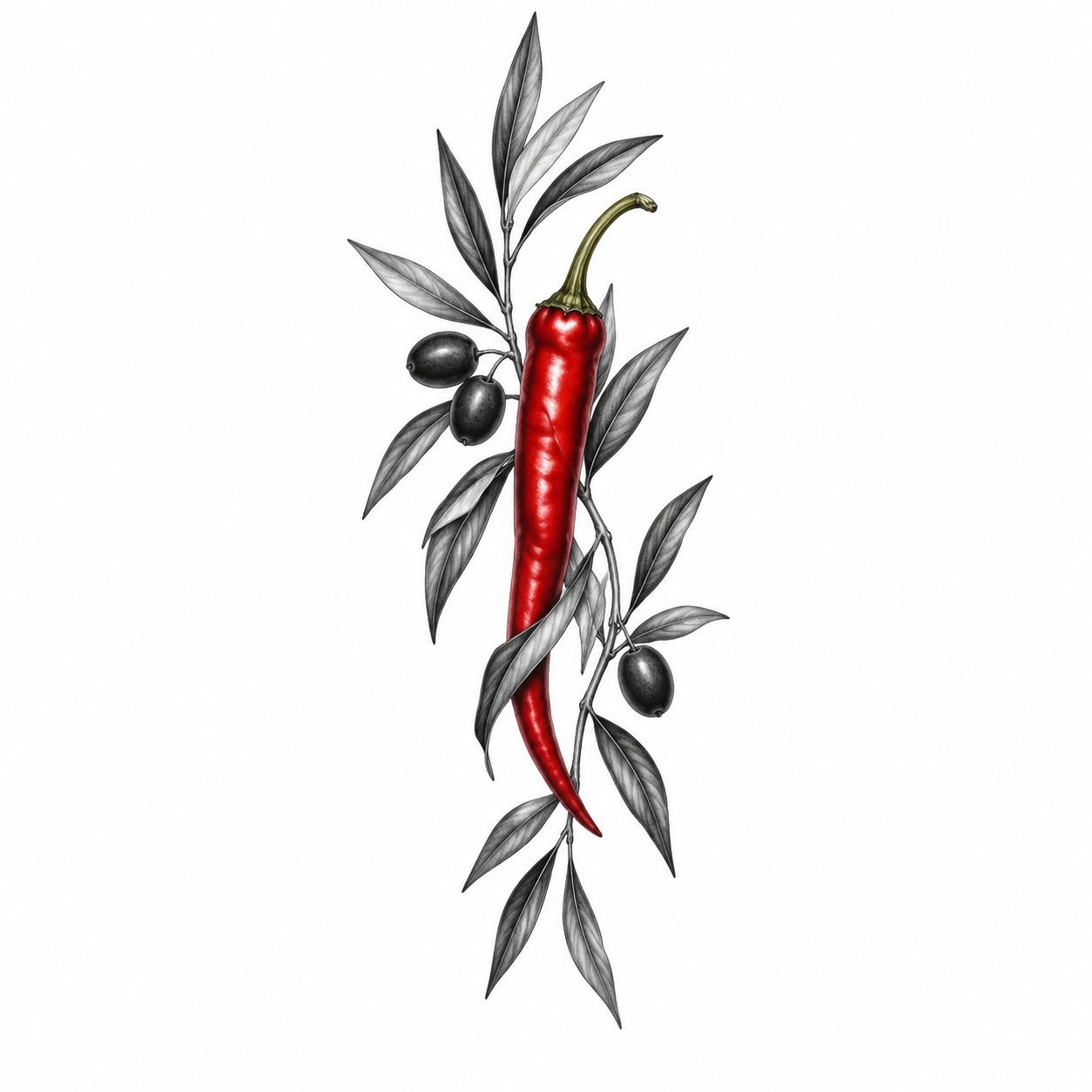 Diseña un tatuaje vertical y elegante para el antebrazo, estilo mediterráneo, masculino y sofisticado. Un ají italiano rojo debe ser el protagonista absoluto y el único elemento con color. Integrar ramas de olivo en negro y gris y exactamente tres aceitunas pequeñas. Líneas finas, sombreado delicado, composición limpia y equilibrada, aspecto realista y elegante. NO paisaje, NO limón, NO flores, NO perro, NO texto, NO otros elementos., design de tatouage Minimaliste généré par IA