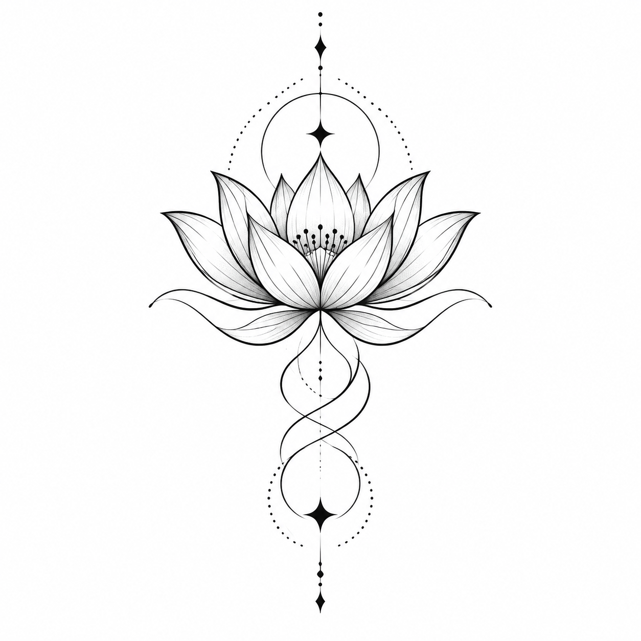 Integration test: an original lotus flower with flowing geometric linework, diseño de tatuaje Minimalista generado con IA