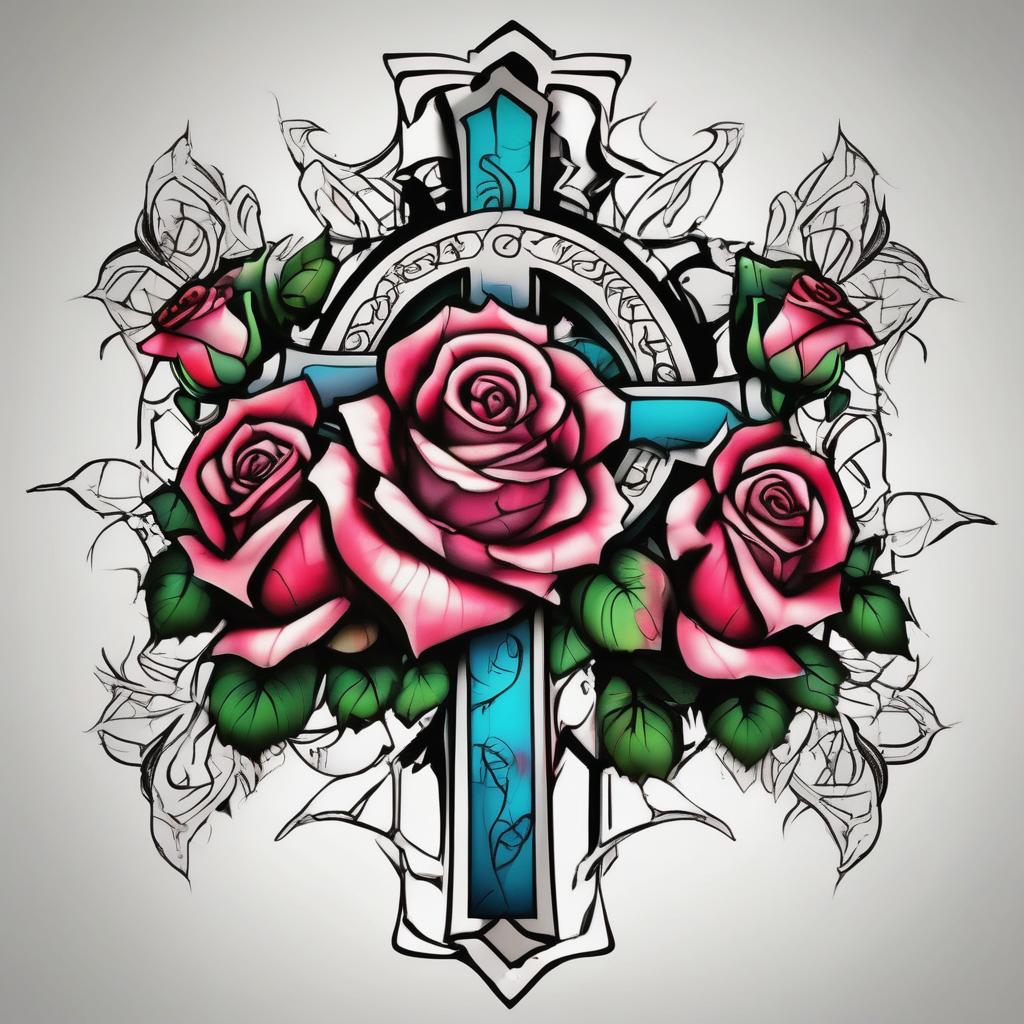 Roses, with a cross outline in the middle three-crosses, design de tatouage Réaliste généré par IA