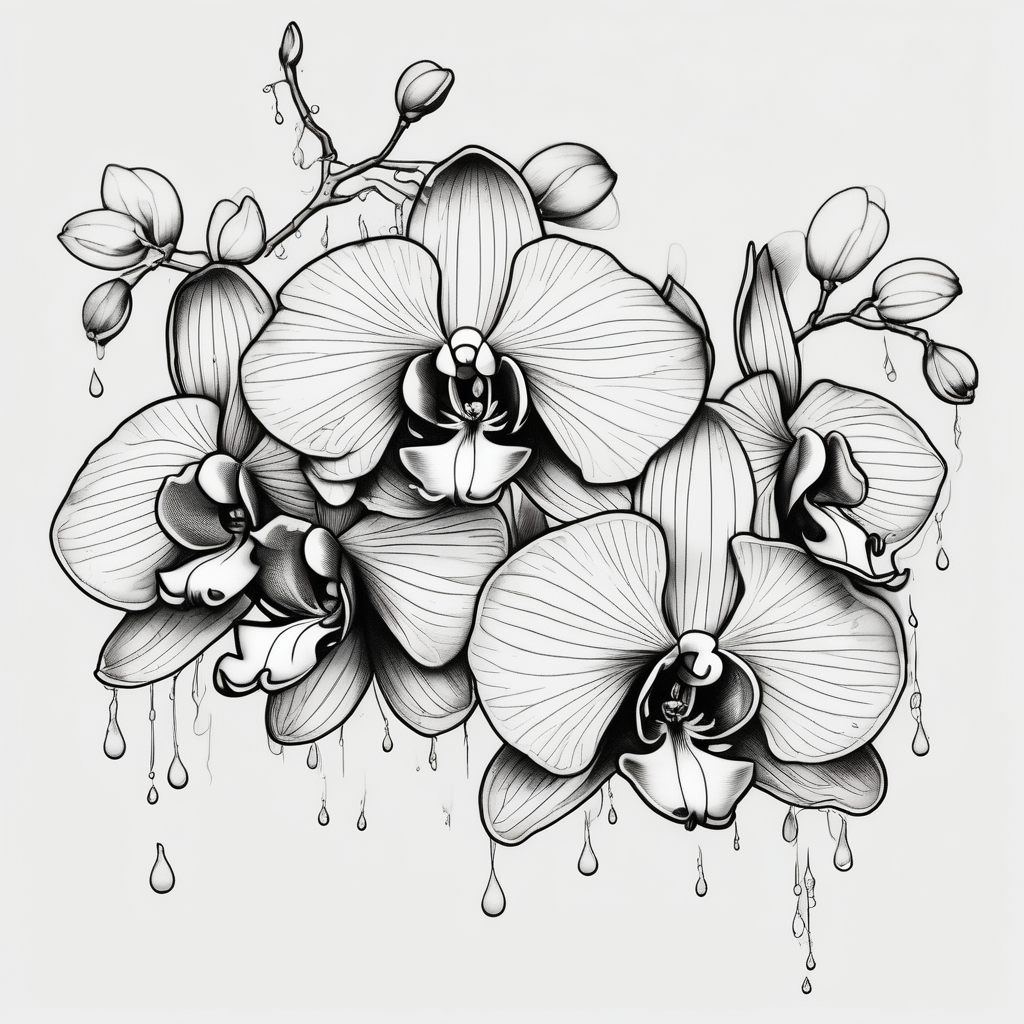 Draw of three fine line orchids different size realistic, the central part resembles a vagina. Are connected with branches that appears a mix with drops and seeds three-crosses, diseño de tatuaje Old school generado con IA