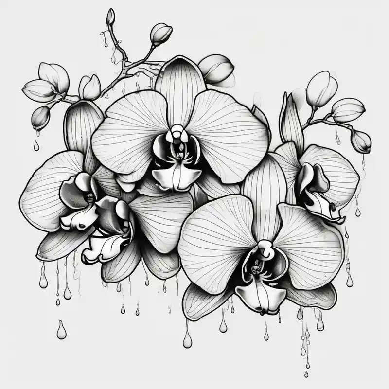 old school style 2025年の「見ざる、聞かざる、言わざる」タトゥーアイデア about Draw of three fine line orchids different size realistic and the central part resembles a vagina. Are connected with branches that appears a mix with drops and seeds three-crosses