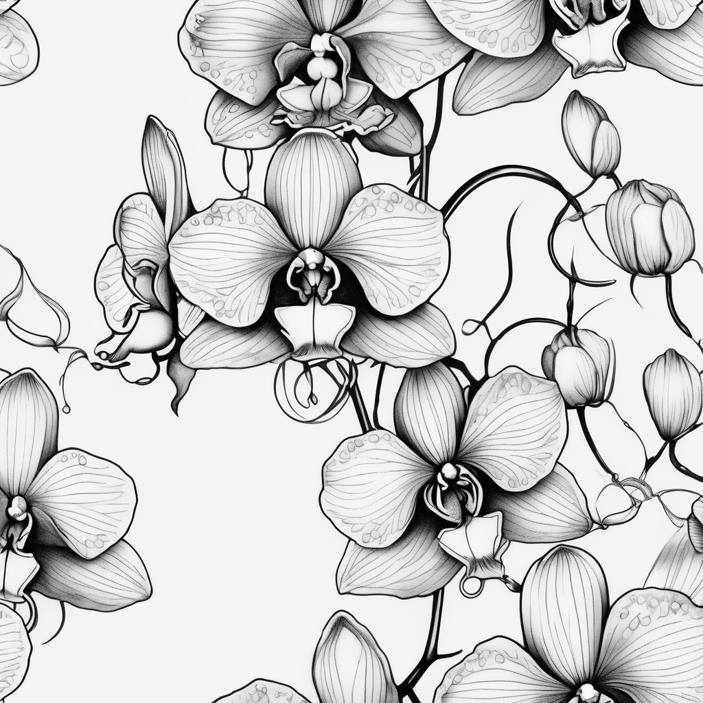 Draw of three fine line orchids different size realistic, the central part resembles a vagina. Are connected with branches that appears a mix with drops and seeds three-crosses, diseño de tatuaje Blanco y negro generado con IA