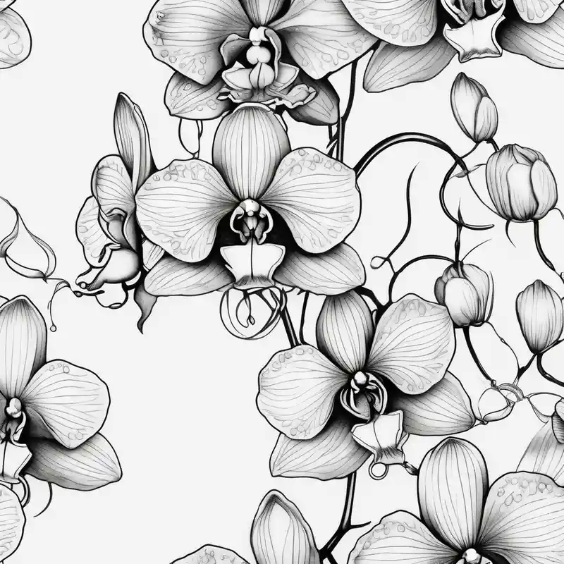 black and white style 2025年の「見ざる、聞かざる、言わざる」タトゥーアイデア about Draw of three fine line orchids different size realistic and the central part resembles a vagina. Are connected with branches that appears a mix with drops and seeds three-crosses