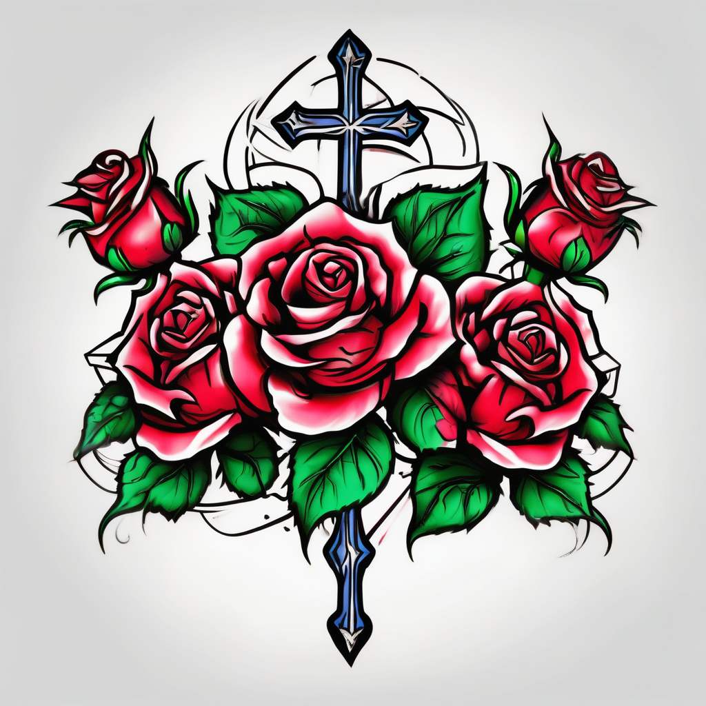 Three Big roses, with a cross outline in the middle three-crosses, design de tatouage Old school généré par IA