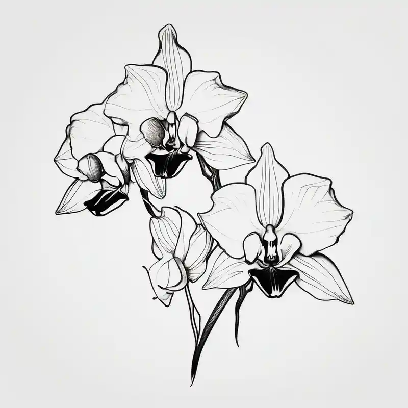 Draw of three fine line orchids different size realistic, the central part resembles a vagina. Are connected with branches