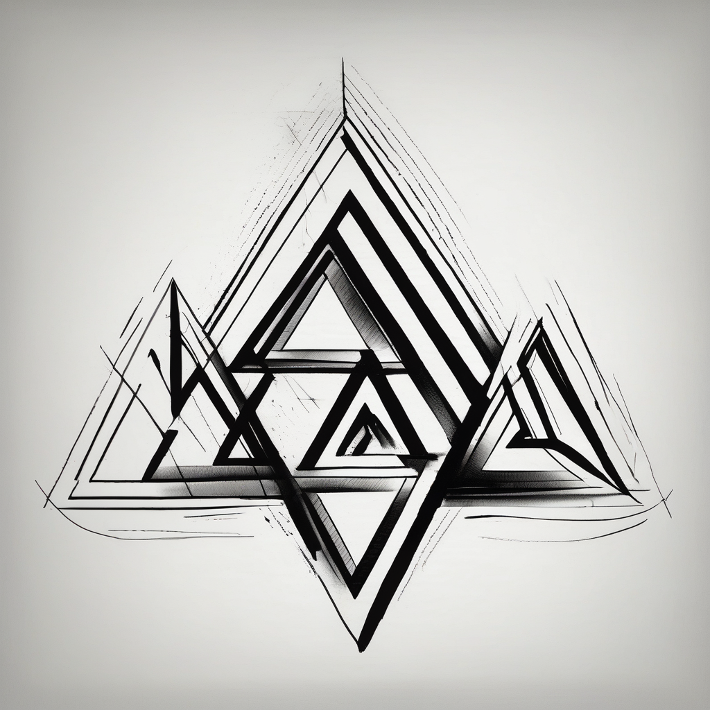 I want triangle. Spirit mind and body. Three triangles with same width and height. The first will be slightly offset to the right and the second slightly busunuty down three-crosses, design de tatouage Blackwork généré par IA